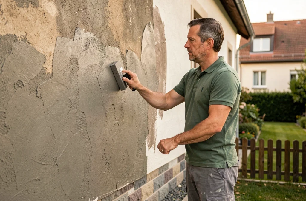Plâtrier ALLBAT appliquant un enduit texturé sur la façade d'une maison individuelle en Alsace