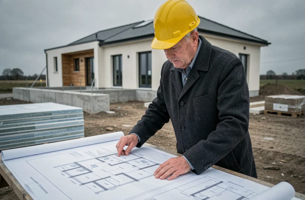 Chef de projet Arcco consultant des plans architecturaux sur un chantier de construction résidentielle en Loire-Atlantique