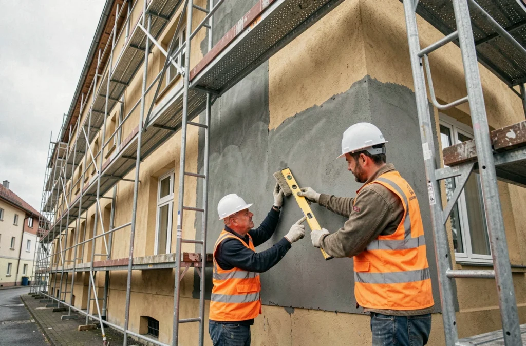 Deux ouvriers de Bati GP EST réalisant un ravalement de façade sur un bâtiment commercial dans le Bas-Rhin