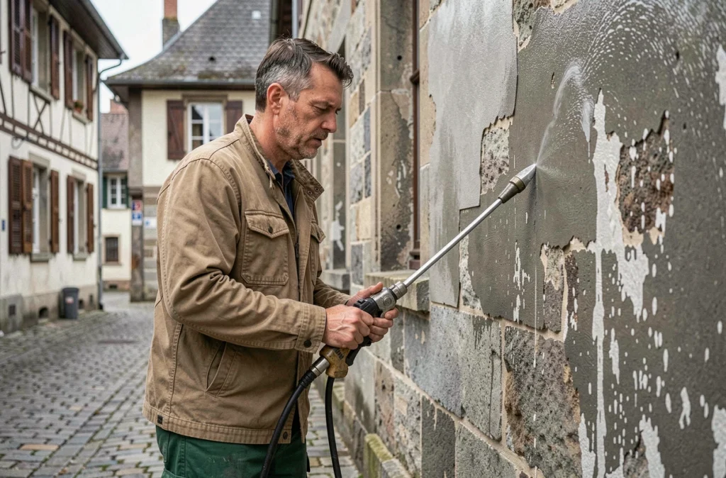 Spécialiste Bati Rénovation nettoyant une vieille façade en pierre avant ravalement dans un village alsacien