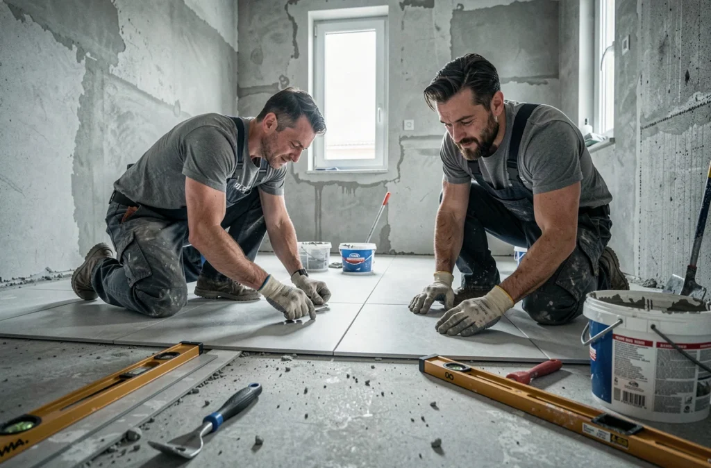 Carreleurs professionnels posant du carrelage dans une salle de bain en cours de rénovation complète à Bordeaux