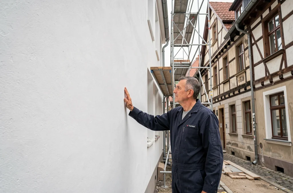Spécialiste de CED Bâtifaçade inspectant la finition d'un immeuble rénové à Strasbourg