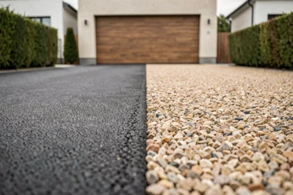 Allée de maison partagée entre enrobé drainant noir et gravier stabilisé beige pour comparer les deux revêtements