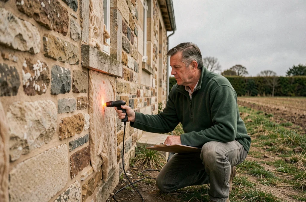 Inspecteur Crige examinant l'isolation d'un mur en pierre d'une ferme rurale en Loire-Atlantique avec une sonde thermique