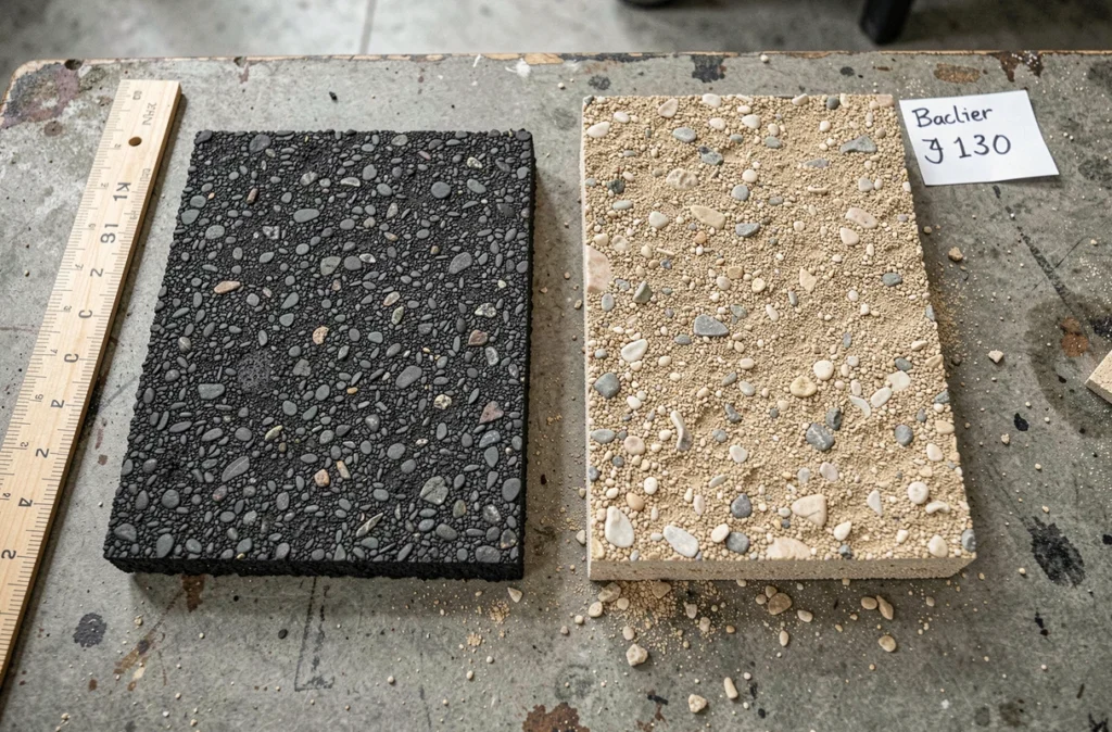 Comparaison de deux échantillons de revêtement, enrobé drainant et gravier stabilisé, posés sur un établi de professionnel