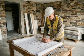 Entrepreneur en rénovation intérieure examinant des plans d'architecture dans un appartement bordelais en cours de travaux