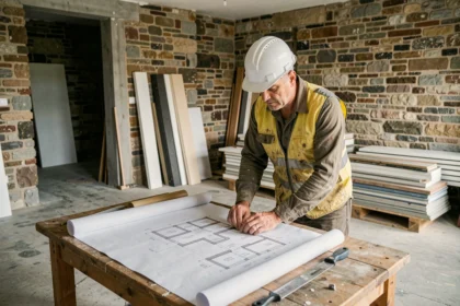 Entrepreneur en rénovation intérieure examinant des plans d'architecture dans un appartement bordelais en cours de travaux
