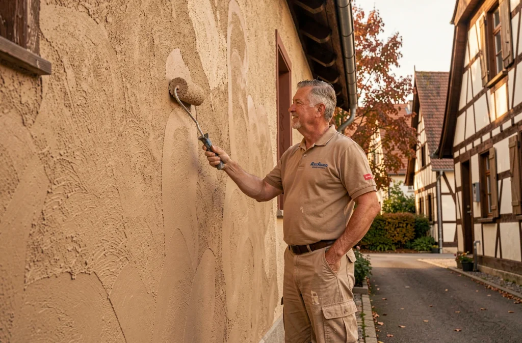 Artisan Euro Crépis appliquant un enduit décoratif minéral sur une maison alsacienne traditionnelle