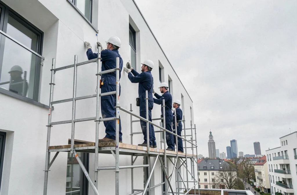 Équipe EUROFACADE rénovant la façade d'un grand immeuble résidentiel moderne à Strasbourg