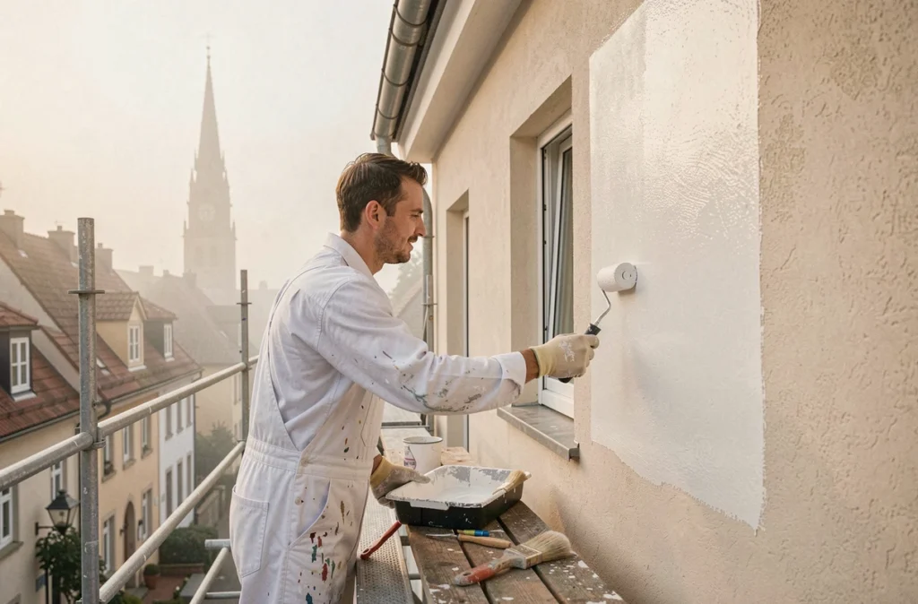 Peintre de Façades et Peintures Strasbourg appliquant une peinture extérieure sur un immeuble résidentiel à Strasbourg