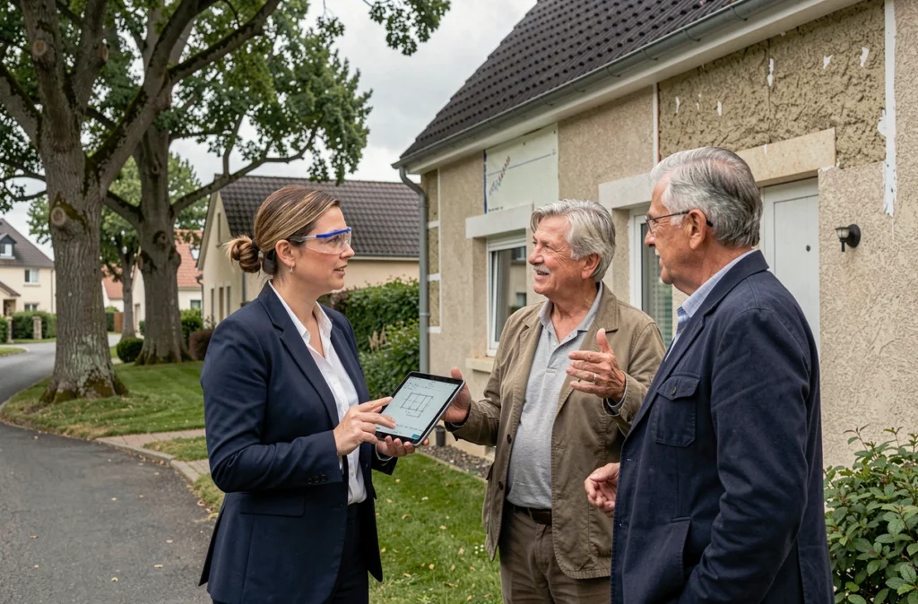 Conseillère Isolavie présentant un projet d'isolation thermique à des propriétaires devant leur maison en Loire-Atlantique