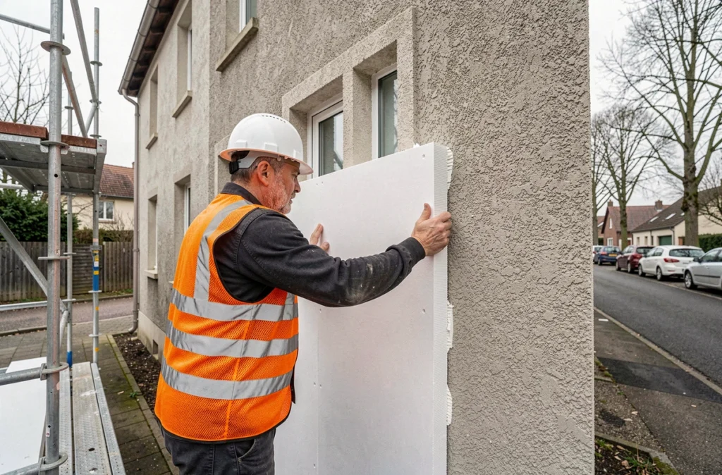 Ouvrier KDB Isolation posant des panneaux isolants rigides sur la façade extérieure d'une maison en banlieue nantaise