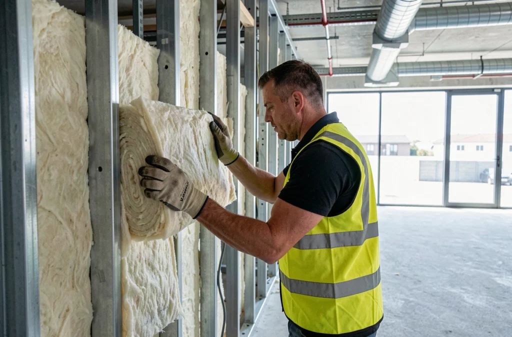 Technicien Lift Face installant des rouleaux de laine de verre dans une cloison métallique d'un bâtiment commercial à Nantes