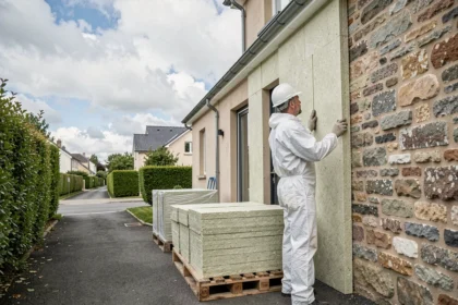 Entreprise d'isolation en Loire-Atlantique : un technicien professionnel inspecte une façade résidentielle avec des matériaux isolants