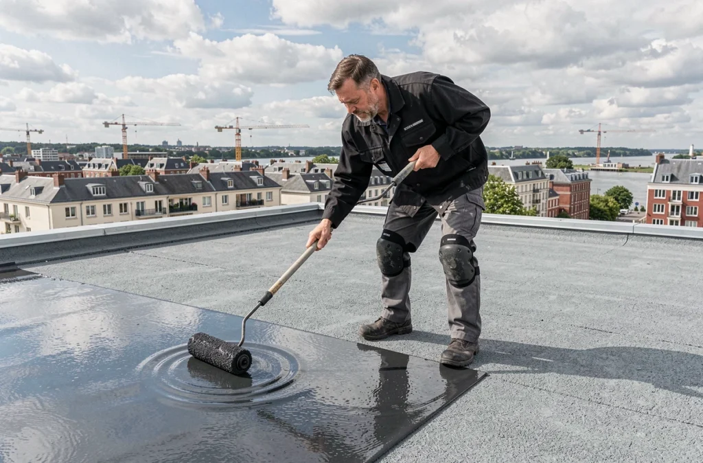 Spécialiste Nantes Étanchéité appliquant une membrane d'étanchéité liquide sur la toiture plate d'un immeuble nantais