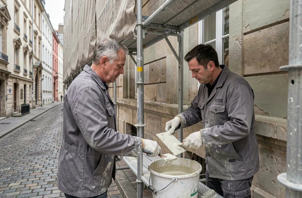 Artisans de l'Office de Préservation du Bâtiment OPB appliquant un enduit isolant à la chaux sur une façade historique à Nantes