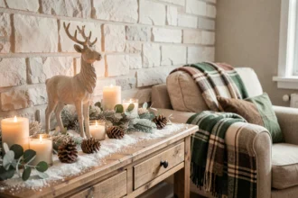 Figurine de renne en céramique sur une console en bois rustique avec décoration de Noël moderne et traditionnelle