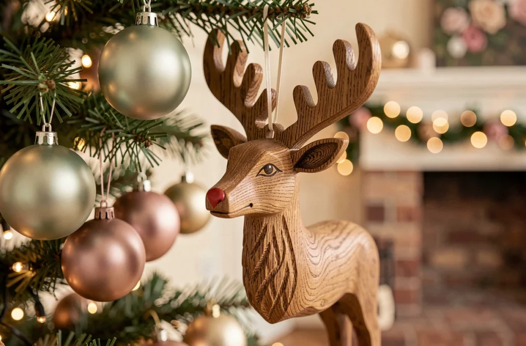 Ornement de renne en bois sculpté suspendu à un sapin de Noël avec boules décoratives tons pastels modernes