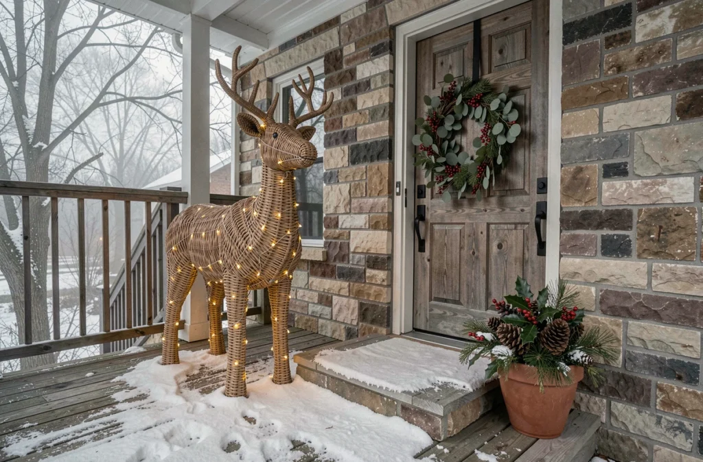 Renne en osier décoré de guirlandes lumineuses sur un porche extérieur maison style ferme moderne en hiver