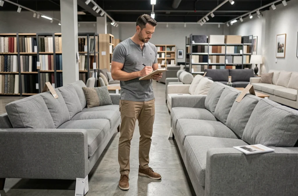 Homme comparant deux canapés dans un showroom de meubles, prenant des notes pour un avis consommateur sur Poltronesofa et les marques françaises