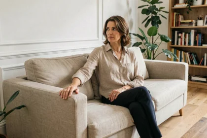 Femme assise sur un canapé moderne dans un salon parisien, comparant la qualité des meubles Poltronesofa avec les enseignes françaises