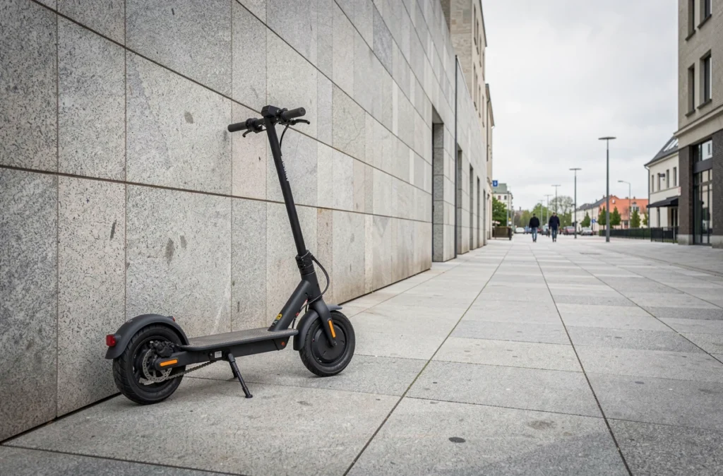 Engin électrique stationné sans gêner le passage sur le trottoir