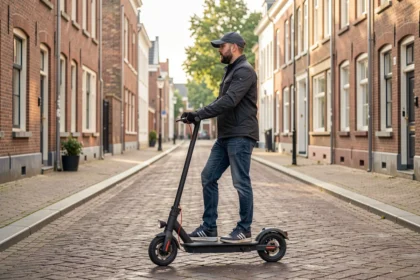 Personne à bord d'un scooter de mobilité électrique dans une rue belge